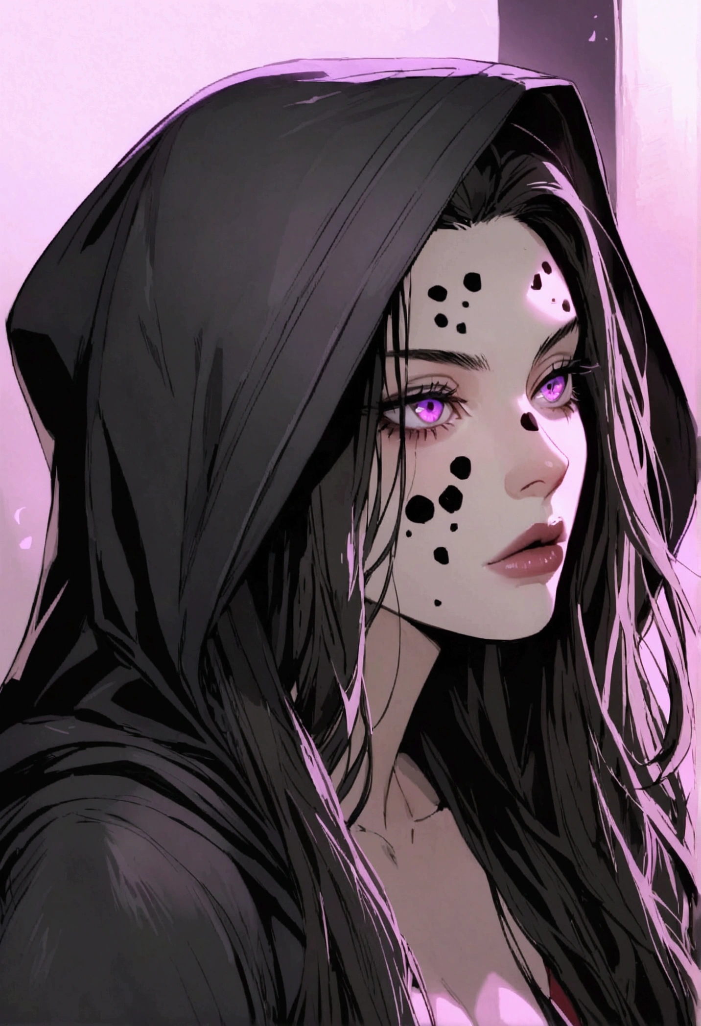 A white woman in a black hood with black spots on her face, rogue woman, purples eyes