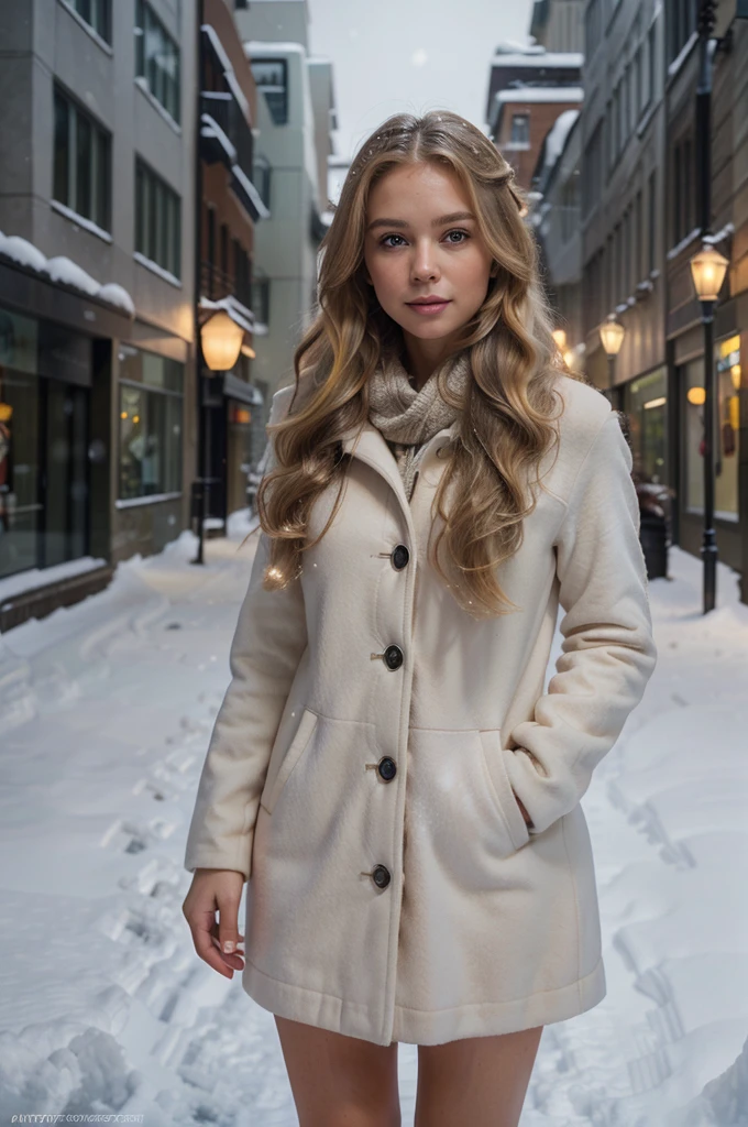 professional portrait photograph of a gorgeous Norwegian girl in winter clothing with long wavy blonde hair, sultry flirty look, gorgeous symmetrical face, cute natural makeup, wearing elegant warm winter fashion clothing, ((standing outside in snowy city street)), stunning modern urban environment, ultra realistic, concept art, elegant, highly detailed, intricate, sharp focus, depth of field, f/1. 8, 85mm, medium shot, mid shot, (((professionally color graded))), bright soft diffused light, (volumetric fog), trending on instagram, hdr 4k, 8k