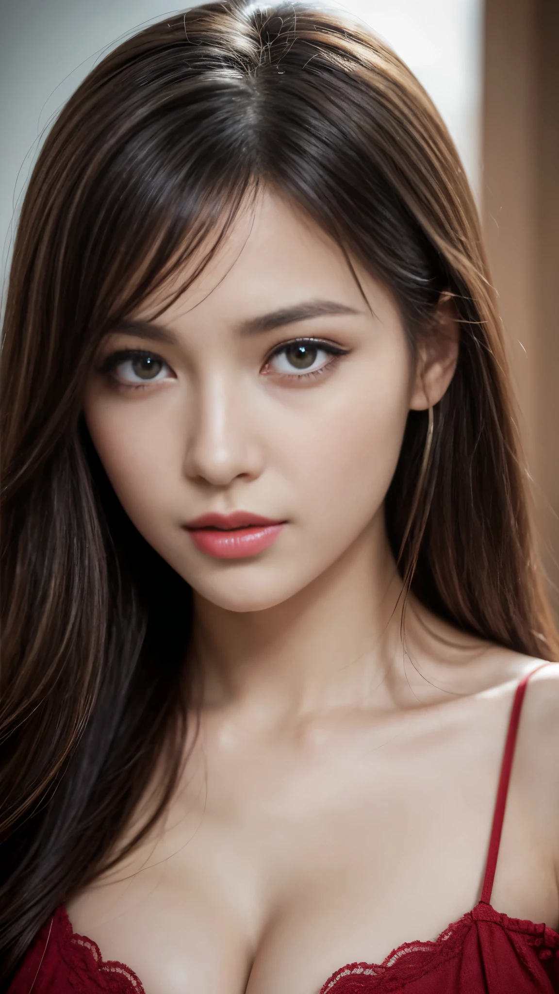 (8K, Highest quality:1.2), Extremely detailed, thorough resolution, (realistic, realistic photo: 1.37), Portrait, high definition RAW photograph, professionally arrested, high definition and beautiful, high definition, 8K Image photo, Volumetric Lighting, frank, Professional photography, Amazing details, highly detailed beautiful girl, Extremely detailed face, Finely defined eyes, fine texture skin, Every feature is meticulously displayed, The fingers were neatly outlined, The nose has a precise shape, expressive lips, perfect anatomy, background is not blurred, one story, (20:1.2), Twenty generations, cute girl, Brown hair, Long straight hair, shiny amber eyes, Red lips, Cleavage, particle, realistic, 8k Ultra HD, Soft Light, high quality,