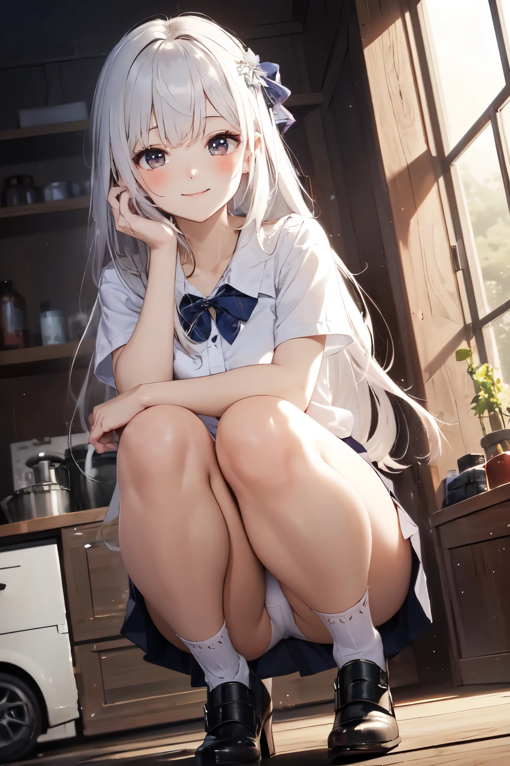 very cute and beautiful girl,(Very detailed美しい顔), (smile),blush,Black Hair,Seraphim,((White Hair、long hair)),(White Shirt、Pleated navy blue pread your legs、Squat)、Sitting、(From below)、(Lace panties), Country road, (Highest quality,masterpiece:1.0),Absurd,High resolution,Super detailed,Very detailed,32K,8k resolution, Intricate details,Movie Scenes,Detailed Background,alone,Dynamic Angle,