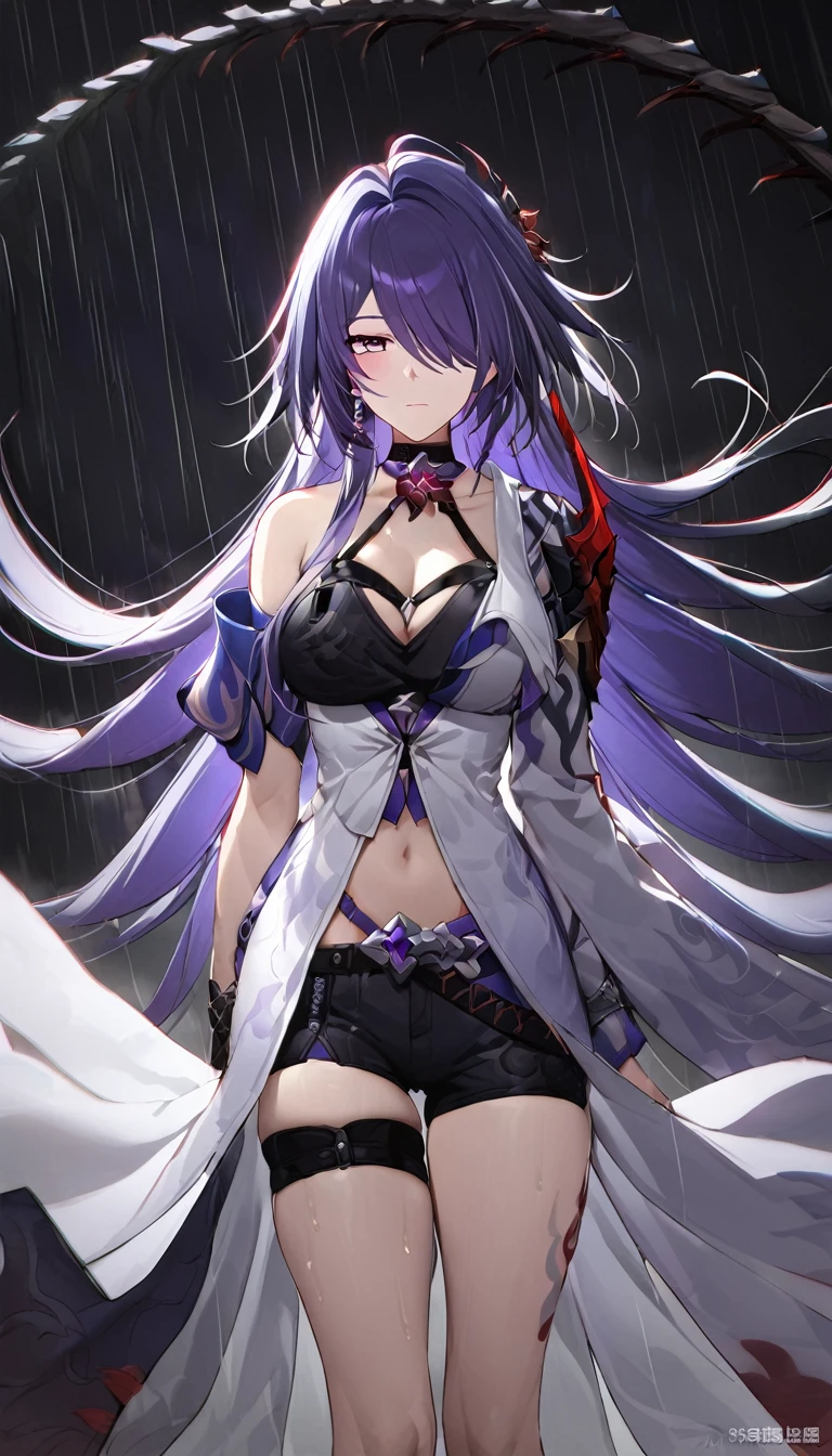 ((masterpiece)),((Highest quality)),High resolution,Highly detailed CG,Perfect lighting,8k wallpaper,
One Girl,Acheron \(Honkai: Star Rail\),Purple Hair,Very long hair,Hiding one eye,Purple eyes,Looking at the audience,black sea 水,rain,Cowboy Shot、Dark Background,White long-sleeved kimono,
