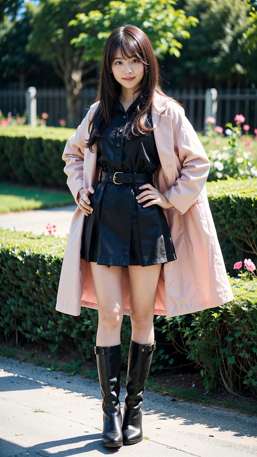 (8k、RAW Photos、Highest quality、masterpiece:1.2)、(Realistic、Realistic)、1 Girl、((pink long coat、Black dress、、check、Exposed、belt、mini skirt、Frilledium Hair、smile、whole body、See-through、boots、garden、View from the front、Looking at the camera、Hands on your hips))、cute