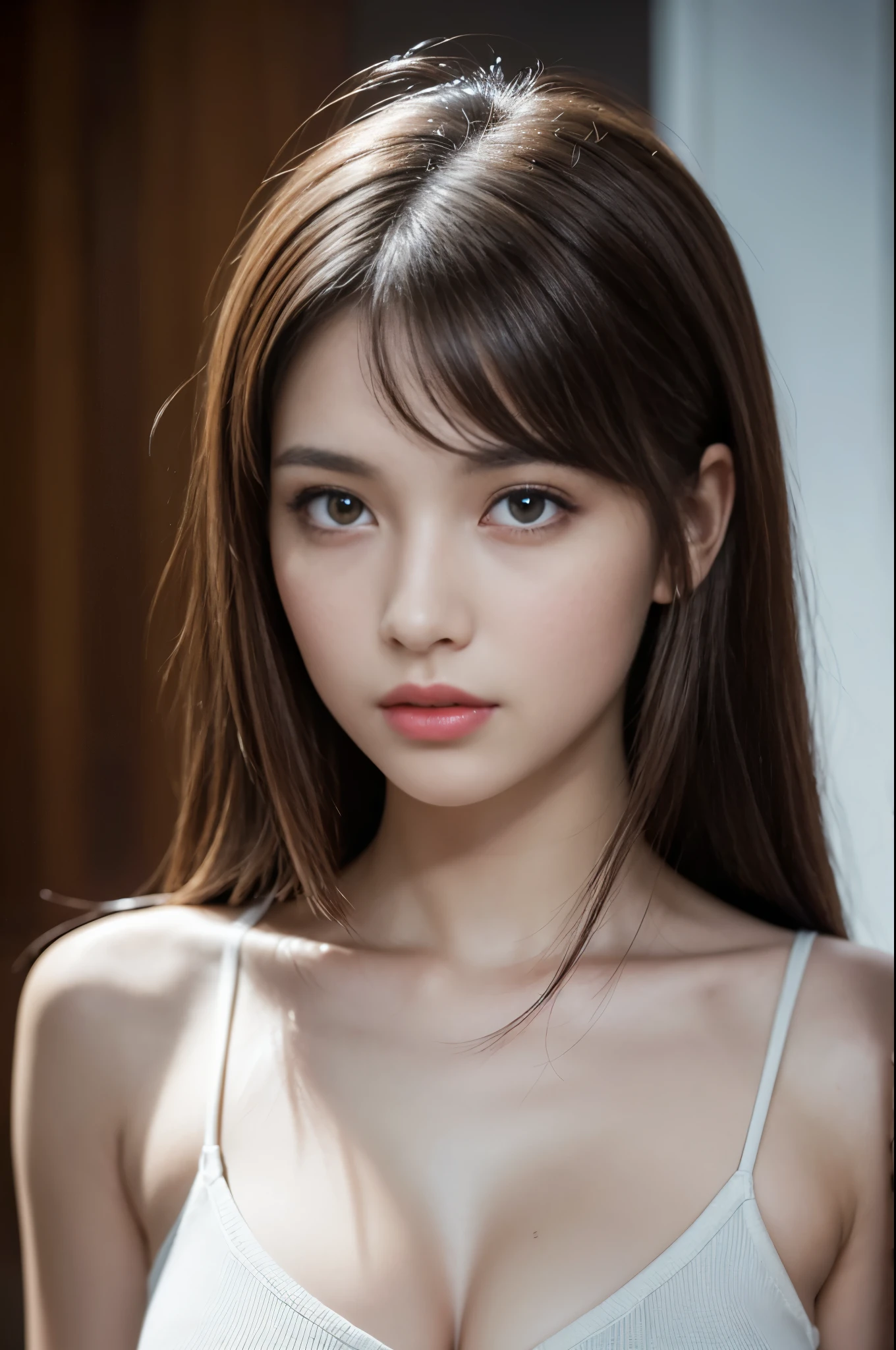 (8k, ultra high resolution, best masterpiece, Highest quality:1.2), Extremely detailed, thorough resolution, (realistic, realistic photo: 1.37), Portrait, Focus on eyes, high definition RAW photograph, professionally arrested, high definition and beautiful, UHD 8K Image photo, Volumetric Lighting, Soft Light, frank, Professional photography, highly detailed beautiful girl, Ultra detailed and delicate face, Finely defined eyes, (Extremely detailed eyes), Precise shape nose, expressive lips, fine texture skin, (HD skin:1.2), The fingers were neatly outlined, Every feature is meticulously displayed, one story, (20:1.2), Twenty generations, cute girl, Brown hair, Long straight hair, shiny amber eyes, Red lips, Cleavage, perfect anatomy, HD background is not blurred, particle, realistic, Amazing details, 8k Ultra HD, high quality, CG unity, C4D render, 3D rendering