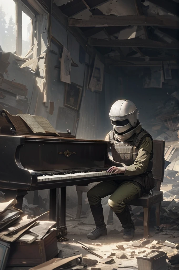 ((Лучшее качество)), ((шедевр)), (подробный), a thin, young man, wearing a helmet, balaclava, bulletproof vest and Russian military uniform, plays the piano in a destroyed house.