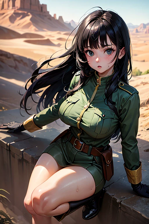 masterpiece, Highest quality,  Unreal Engine,  Super Resolution,  Very detailed, 

Beautiful woman, May, alone, uniform, Black Hair, boots, gloves, army, army uniform, Long Hair, iris, belt, coat, Black background, Simple Background, whole body, blunt bangs, bangs, Long Black Hair, Vivid expression, Healthy Body, Beautifully detailed sweat glands, Smooth skin texture, Carefully drawn,

(humidity:1.2), Beautiful Eyes, (Attractive face:1.2), (Beautiful Skin), (Big Breasts), Puffy nipples, (Sticky with sweat), In a dynamic pose,

In the world of Dragon Ball, Outdoor, In the desert wilderness