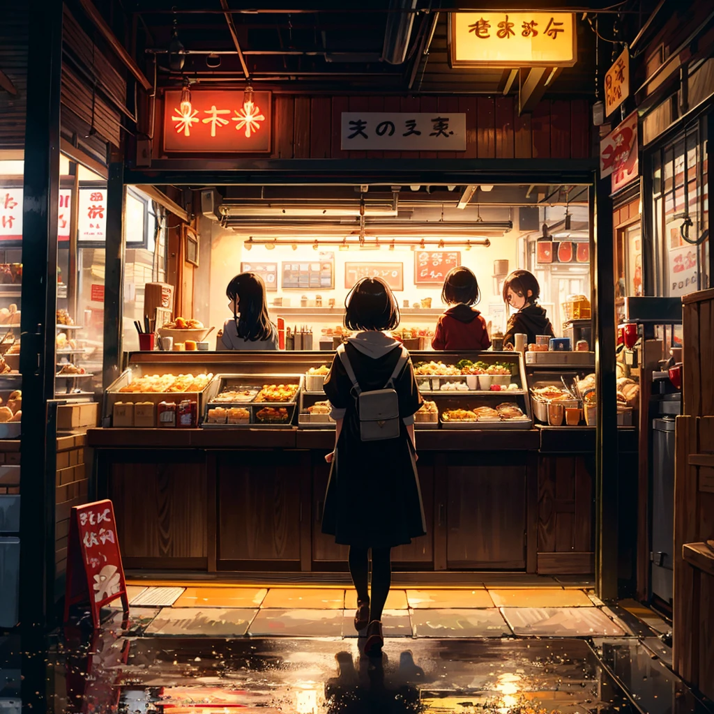 {{{Masterpiece, highest quality, high resolution background}}}, bright and beautiful atmosphere, 3 girls (, 1 short-tempered round face), 1 (hair, surface effects), small breasts, ramen shop Girls lining up outside, a very long line, a limp mini-pig, a mini-pig dressed as a ramen shop, "deltamon_sdXL :0.73) >Deltamon"