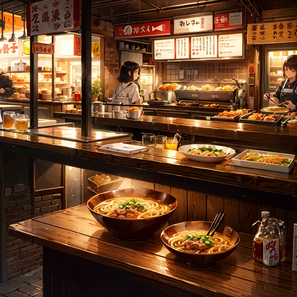 {{{Masterpiece, highest quality, high resolution background}}}, bright and beautiful atmosphere, 3 girls (, 1 short-tempered round face), 1 (hair, surface effects), small breasts, ramen shop Girls lining up outside, a very long line, a limp mini-pig, a mini-pig dressed as a ramen shop, "deltamon_sdXL :0.73) >Deltamon"