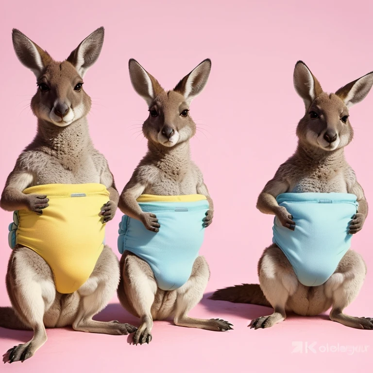 three kangaroos with a baby in a pouch on their backs, kangaroos, subject : kangaroo, subject: kangaroo, kangaroo, australian, australia, spy kangaroo, ultra realistic illustration, in australia, zootopia style, inspired by Jeff Koons, colourised, underwear ad, a hyper realistic, inspired by Peter Alexander Hay, ultrarealistic illustration