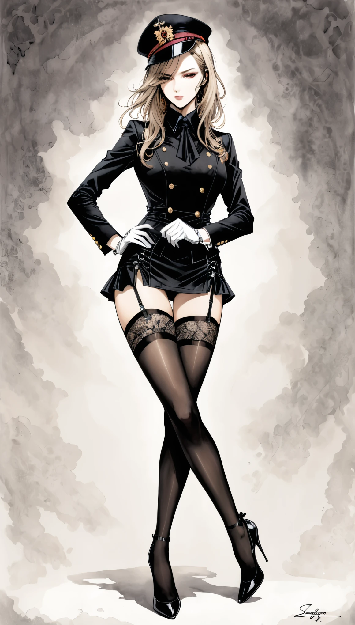 in style of Santiago Caruso,1girl,London Fashion,Female Agent,New era,stockings,Garter,(((adjusting legwear))),In a sexy pose