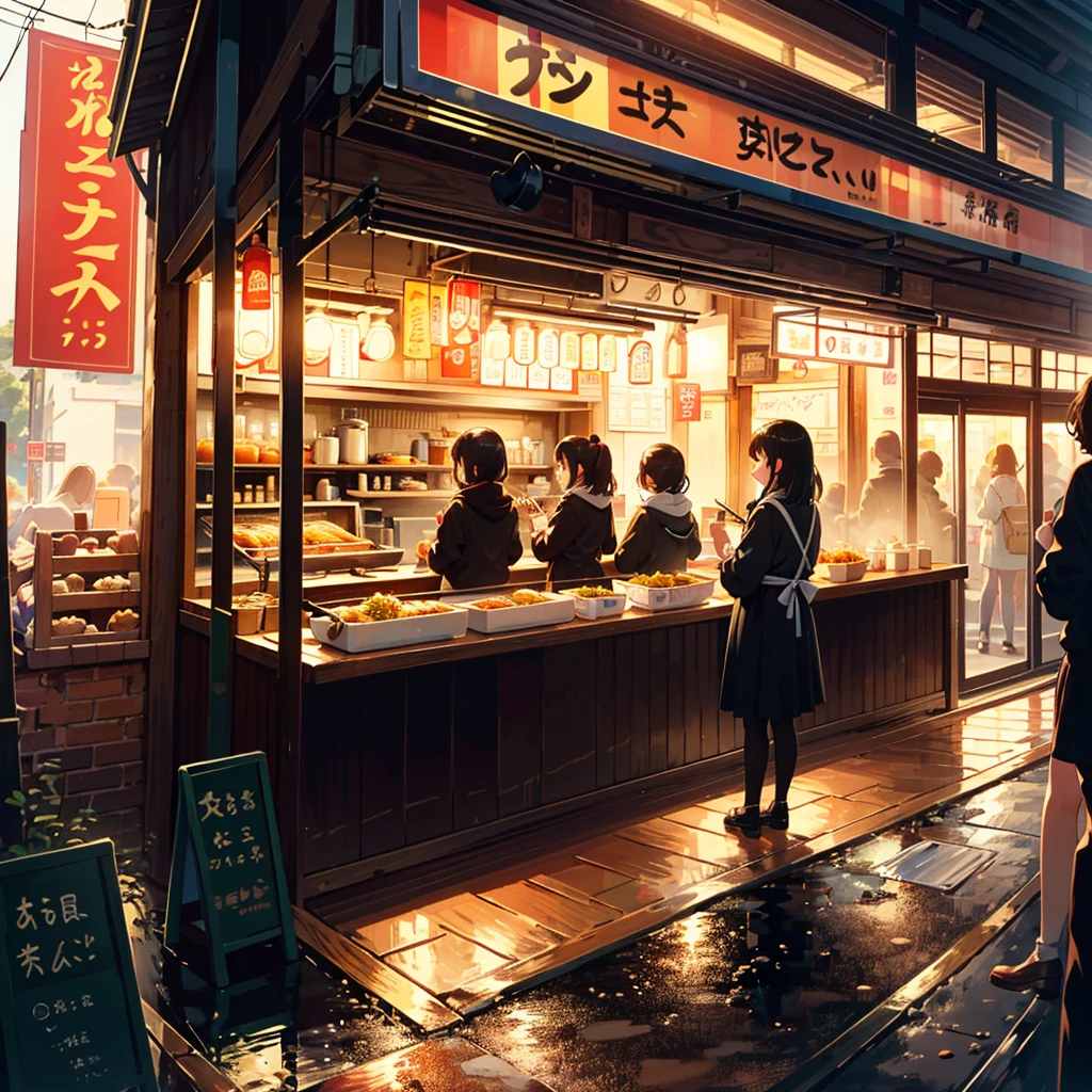 {{{Masterpiece, highest quality, high resolution background}}}, bright and beautiful atmosphere, 3 girls (, 1 short-tempered round face), 1 (hair, surface effects), small breasts, ramen shop Girls lining up outside, a very long line, a limp mini-pig, a mini-pig dressed as a ramen shop, "deltamon_sdXL :0.73) >Deltamon"