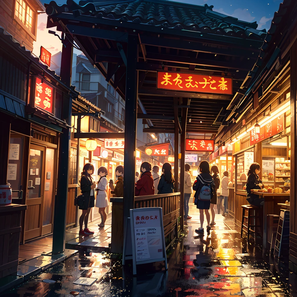 {{{Masterpiece, highest quality, high resolution background}}}, bright and beautiful atmosphere, 3 girls (2 years old, 1 short-tempered round face), 1 (hair, surface effects), small breasts, ramen shop Girls lining up outside, a very long line, a limp mini-pig, a mini-pig dressed as a ramen shop, "deltamon_sdXL :0.73) >Deltamon"