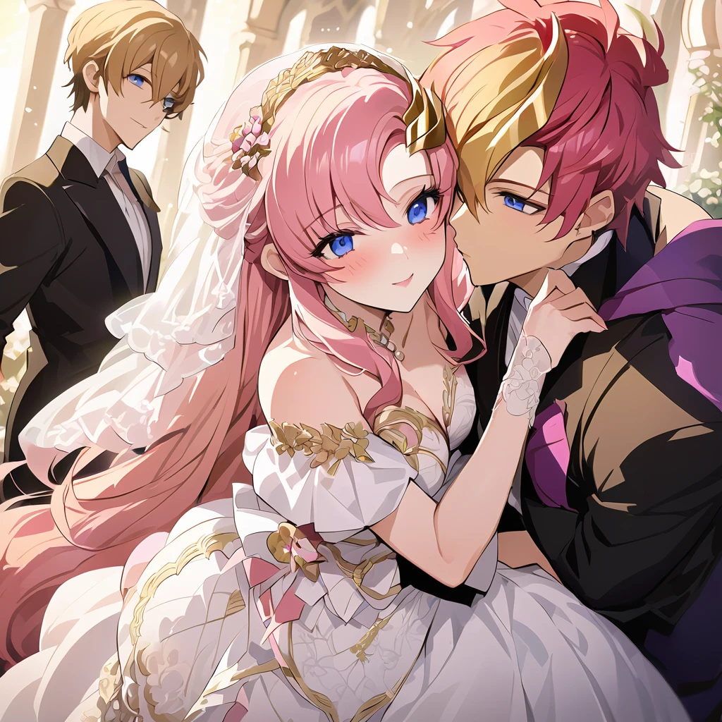 ((Highest quality)), ((masterpiece)), (detailed), (Perfect Face)、The woman is the Queen of Accord, wife of Orpheus, King of Accord, and loves her husband Orpheus dearly. She is wearing a vintage wedding dress and wedding veil with gorgeous gold embroidery and trim, beautifully decorated accessories, and a gorgeous hair ornament. She is Lacus Clyne, with semi-long pink hair.、She is embracing and kissing the blond, blue-eyed Orpheus, the King of Accord, and they are standing side by side as a loving couple.