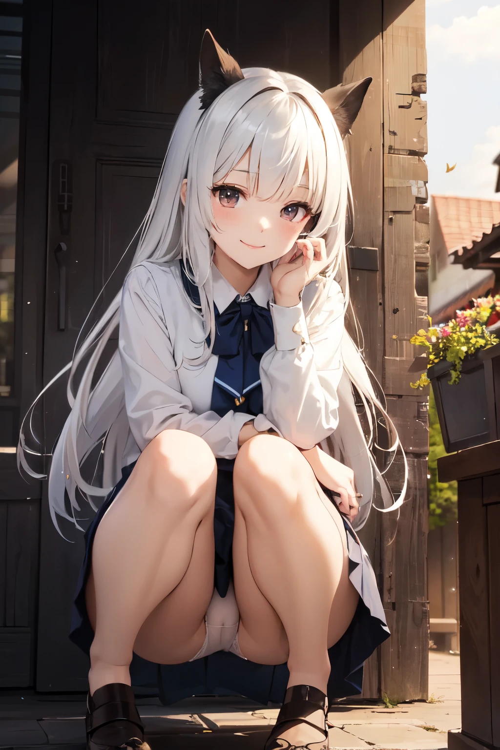 very cute and beautiful girl,(Very detailed美しい顔), (smile),blush,Black Hair,Seraphim,((White Hair、long hair)),(White Shirt、Pleated navy blue pread your legs、Squat)、Sitting、(From below)、(Lace panties), Country road, (Highest quality,masterpiece:1.0),Absurd,High resolution,Super detailed,Very detailed,32K,8k resolution, Intricate details,Movie Scenes,Detailed Background,alone,Dynamic Angle,