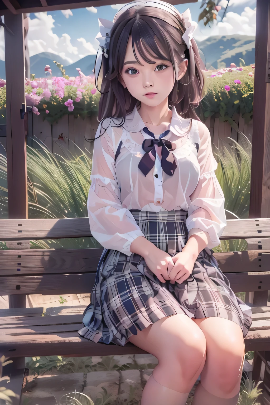 very cute and beautiful girl,(Very detailed美しい顔),Symmetrical eyes, (smile:1.2),White blouse,ribbon,Pleated check mini skirt, Sitting,Black Hair, garden,Wooden bench,grassland,Distant sea background, (Highest quality,masterpiece:1.0),Absurd,High resolution,Very detailed,Very detailed,32K,8k resolution, Intricate details,Movie Scenes,Detailed Background,alone,Dynamic Angle, Hair blowing in the wind,Beautifully detailed skies,Tsurime,Cool color makeup,Small breasts,A fragile girl,