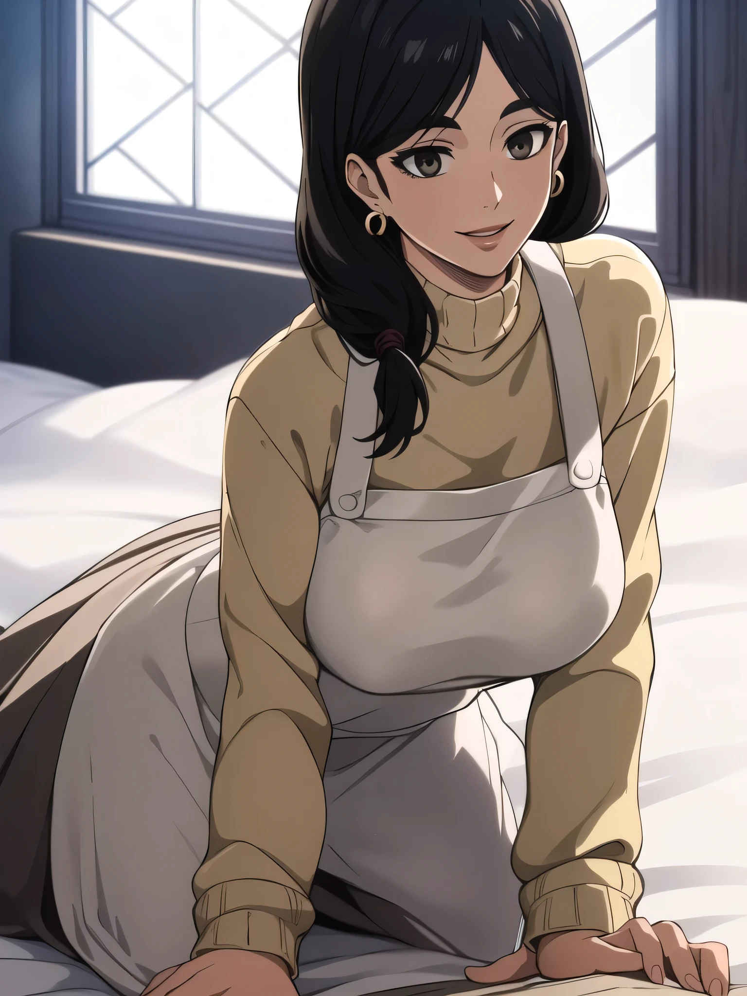 ((Practical)), (masterpiece, best quality), (1 mature woman), Lying on the big white bed, Wearing a white turtleneck sweater,Wide hips,Wearing a black apron, full, Breast sagging, (Short shoulder-length black hair, Bangs), Long skirt, Smile, For the audience, earrings, window