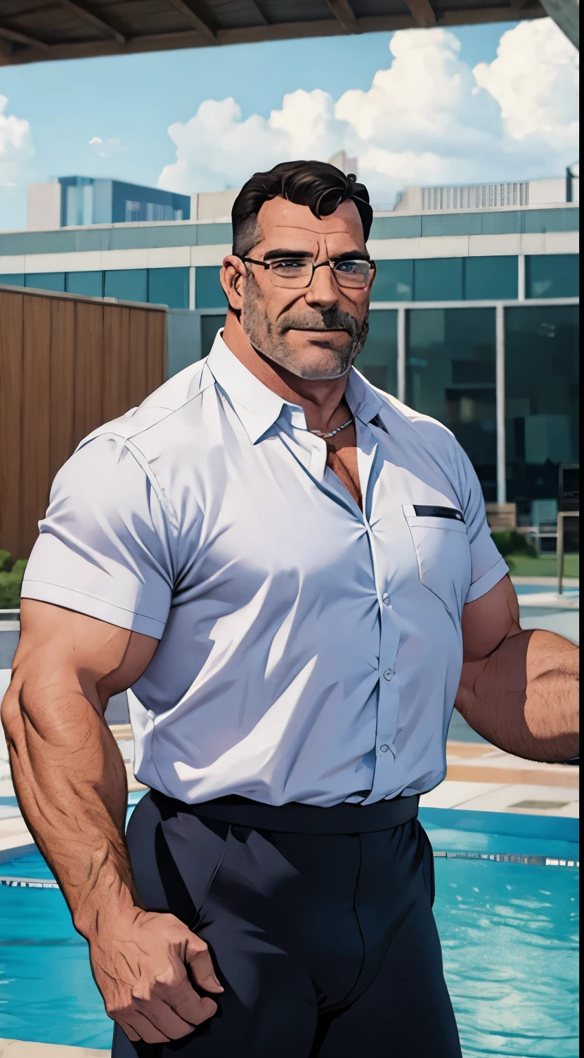 1 man, solo, older wrestling coach, muscular male, daddy, macho, large pectorals, male focus, middle-aged man, glasses, black hair, short hair, blue eyes, smiling, face focus, white formal shirt, full body shot, skycrapers, ((masterpiece))