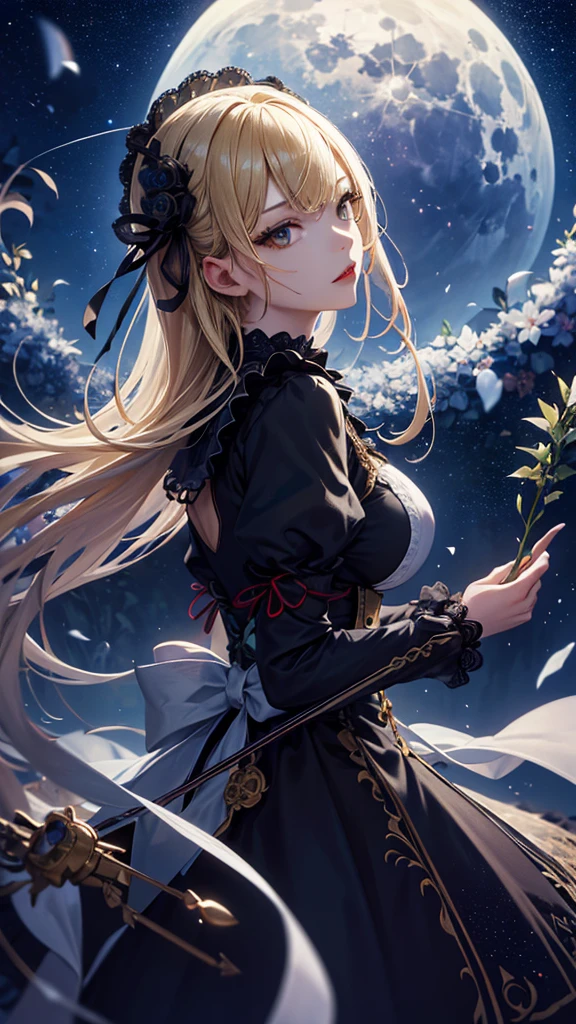masterpiece, high quality, 4K, Beautiful design, silhouette,blonde, 非常に詳細な夜のStarry Sky,Flower Field, wonderful, Finer details, Very knowledgeable woman, Highly detailed solo, 1 female,Big Breasts,Gothic Lolita Fashion,Night view,Starry Sky,full moon,