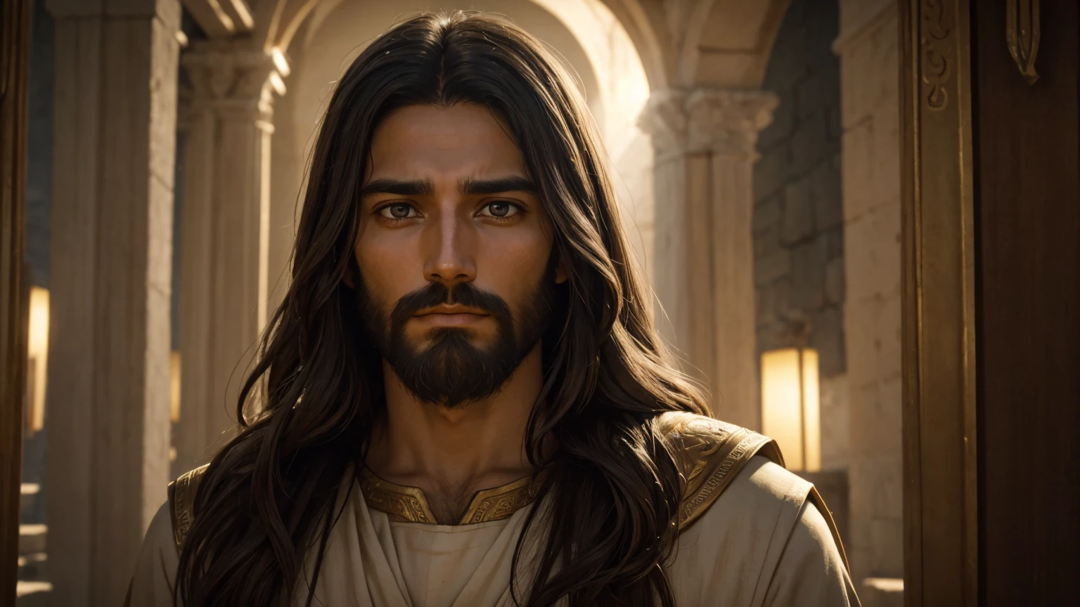 Close-up of Jesus in a brightly lit environment, with an expression of deep serenity and compassion, while He speaks to the people. He is in a temple setting in Jerusalem, with the blurred background of followers and the environment that conveys an air of introspection and hope. The focus is on His face expressing the spiritual depth and message of forgiveness and grace He is communicating. Include HDR and super realism to capture every detail of Jesus' emotions.
