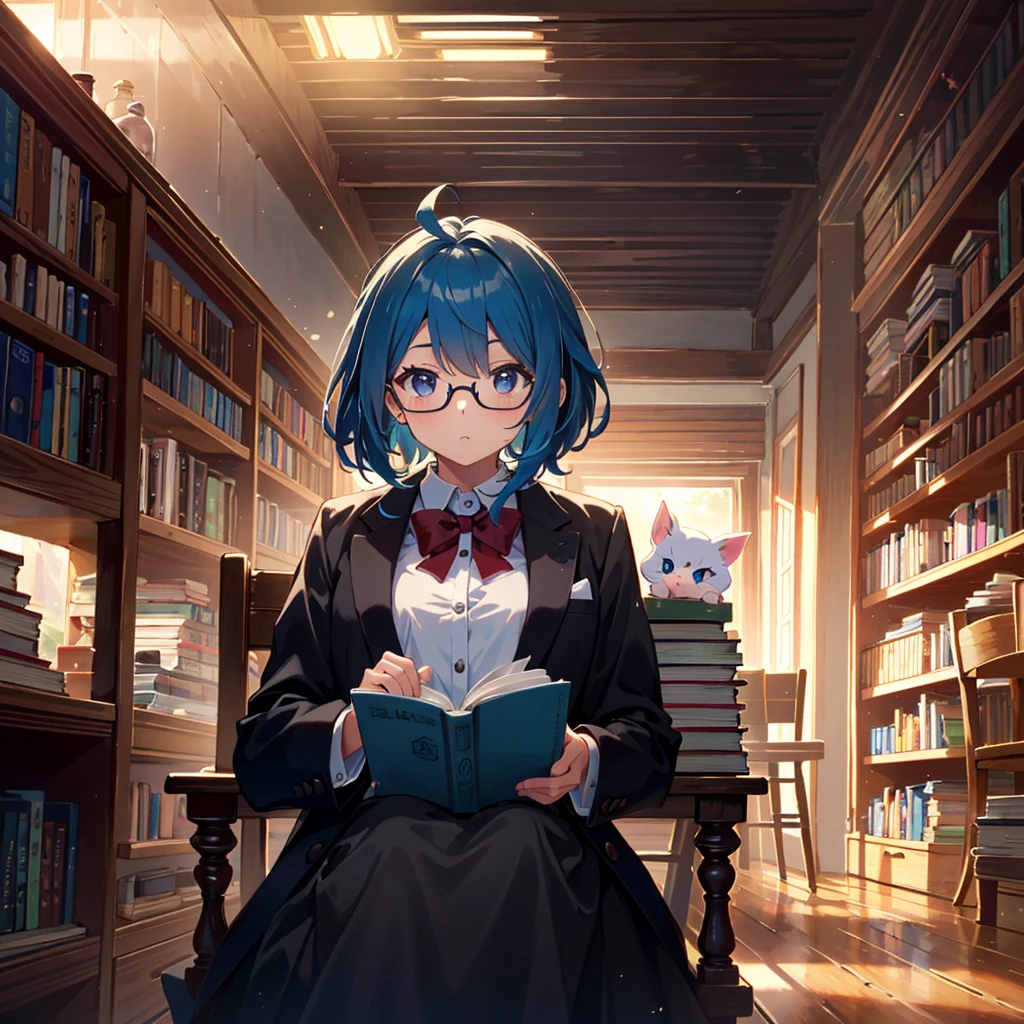 {{{Masterpiece, highest quality, high resolution background}}}, bright and beautiful atmosphere, 3 girls (2 years old, 1 short-tempered round face), 1  (hair, surface effects), small breasts, library, A cool, air-conditioned room, a girl reading with a stack of books, a mini-pig sitting on a chair and wearing glasses, a mini-pig working as an attendant, "deltamon_sdXL :0.73) >Deltamon"