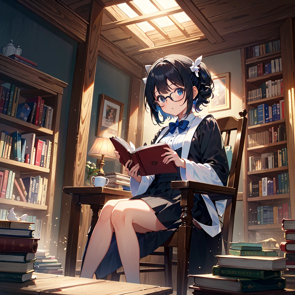 {{{Masterpiece, highest quality, high resolution background}}}, bright and beautiful atmosphere, 3 girls (, 1 short-tempered round face), 1 (hair, surface effects), small breasts, library, A cool, air-conditioned room, a girl reading with a stack of books, a mini-pig sitting on a chair and wearing glasses, a mini-pig working as an attendant, "deltamon_sdXL :0.73) >Deltamon"