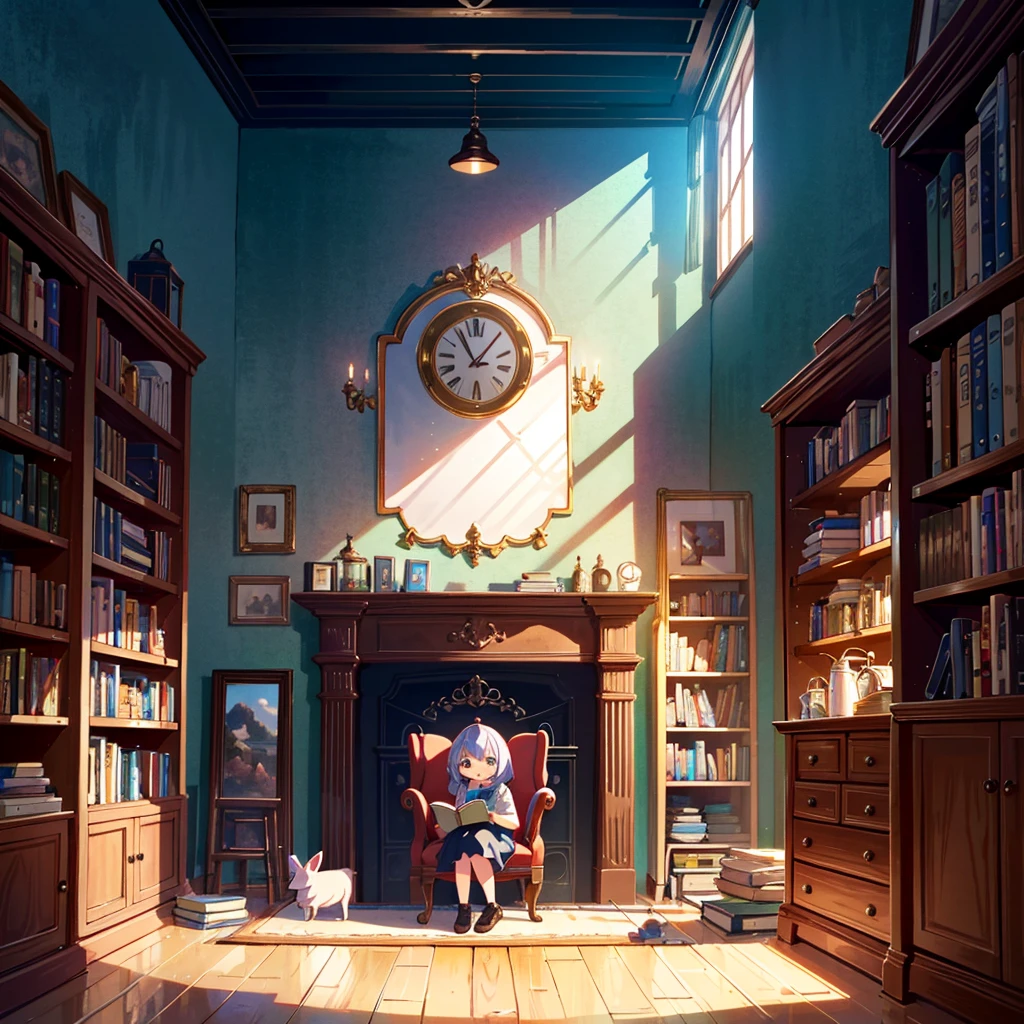 {{{Masterpiece, highest quality, high resolution background}}}, bright and beautiful atmosphere, 3 girls (2 years old, 1 short-tempered round face), 1  (hair, surface effects), small breasts, library, A cool, air-conditioned room, a girl reading with a stack of books, a mini-pig sitting on a chair and wearing glasses, a mini-pig working as an attendant, "deltamon_sdXL :0.73) >Deltamon"