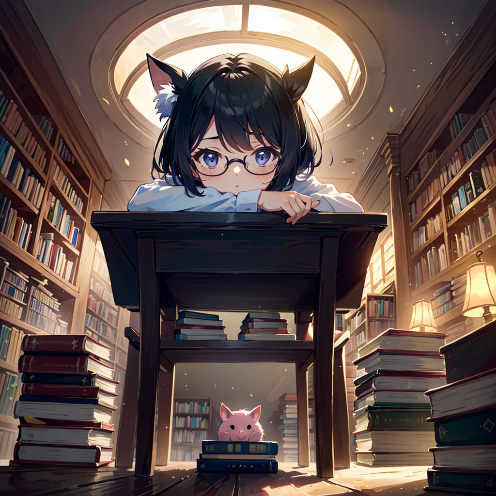 {{{Masterpiece, highest quality, high resolution background}}}, bright and beautiful atmosphere, 3 girls (2 years old, 1 short-tempered round face), 1  (hair, surface effects), small breasts, library, A cool, air-conditioned room, a girl reading with a stack of books, a mini-pig sitting on a chair and wearing glasses, a mini-pig working as an attendant, "deltamon_sdXL :0.73) >Deltamon"