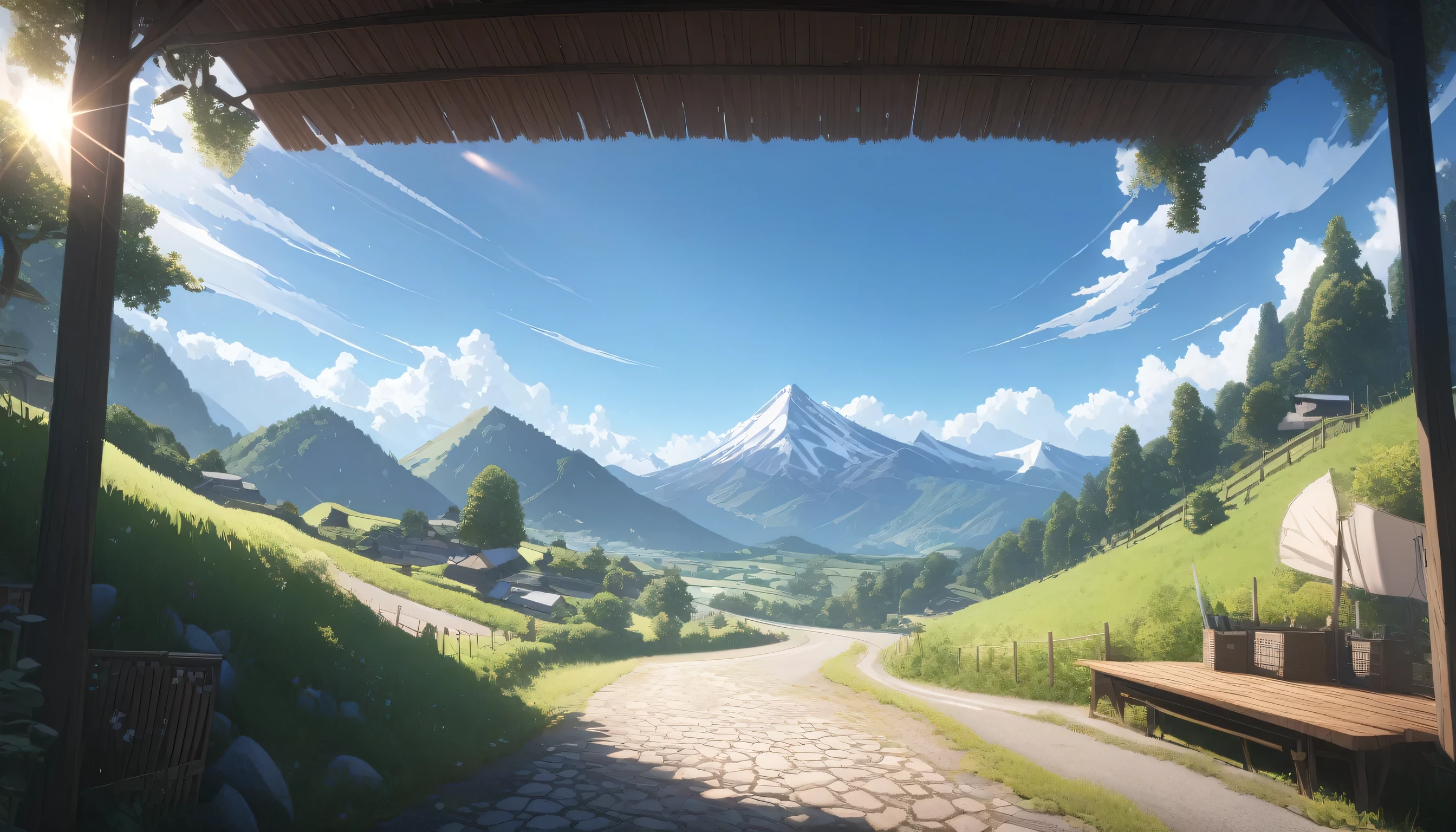 ultra-detailed, (professional lighting) hyper detailed, absurdres, 8k, noon, summer, Mountain road in the countryside