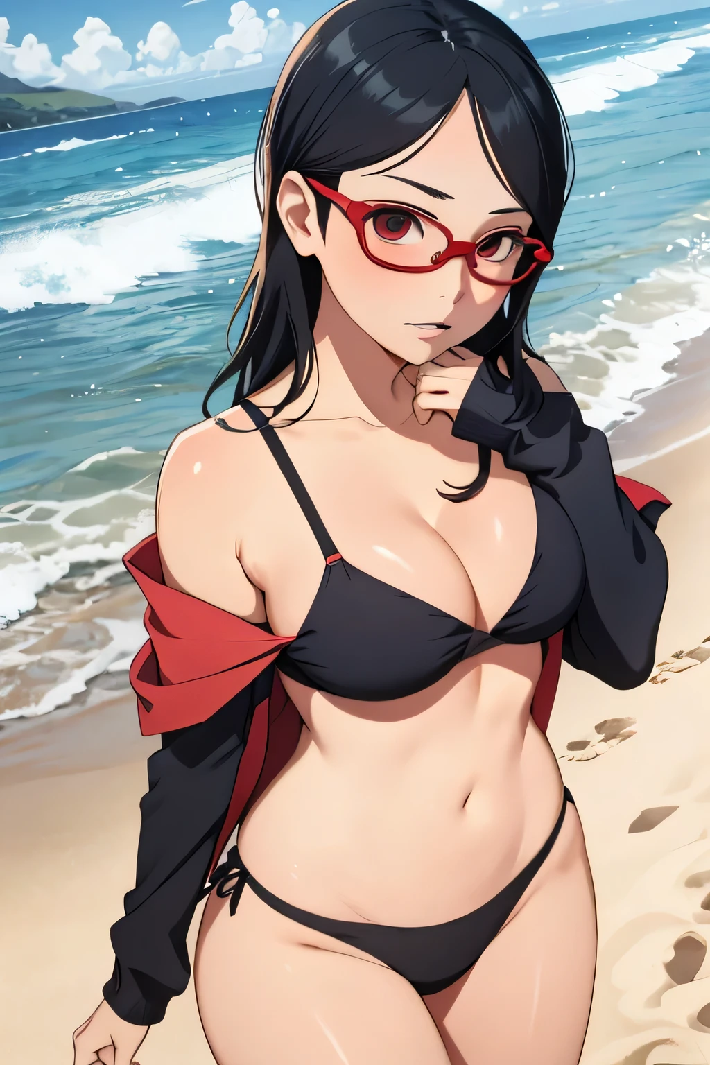 1 rapariga, Forehead,Photo assignment,Red glasses frame, Beach postcard,(Off-the-shoulder attire) Models,(No shoulder strap),MagazineCover,panties, big breasts, groin pusay, fullbody, bellybutton, thigh cleavage, no bra, Beautiful model, adolable, small, perfect hand,((Lori huge breasts cleavage)), cleavage, Chubby body, underdressing, posing on the beach, hand free, tmasterpiece, Defiant eyes, ahegao, gravure model, beautiful cinematography, k hd, Perspective from above, Old in sight, uchiha sarada, drops of sweat, Be red in the face, the sunset, cametto