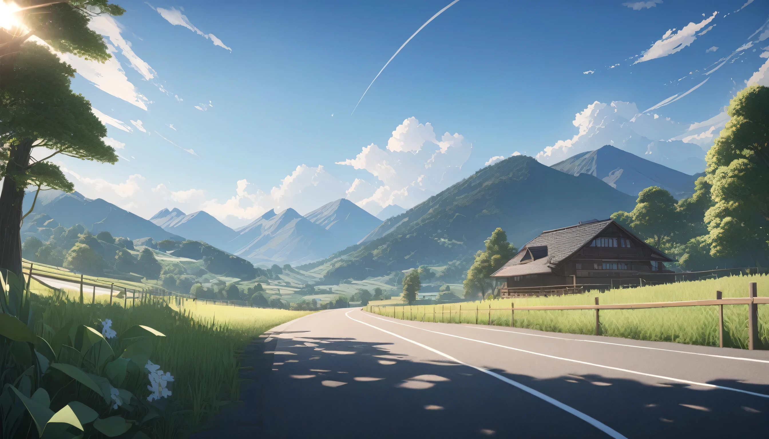 ultra-detailed, (professional lighting) hyper detailed, absurdres, 8k, noon, summer, Mountain road in the countryside