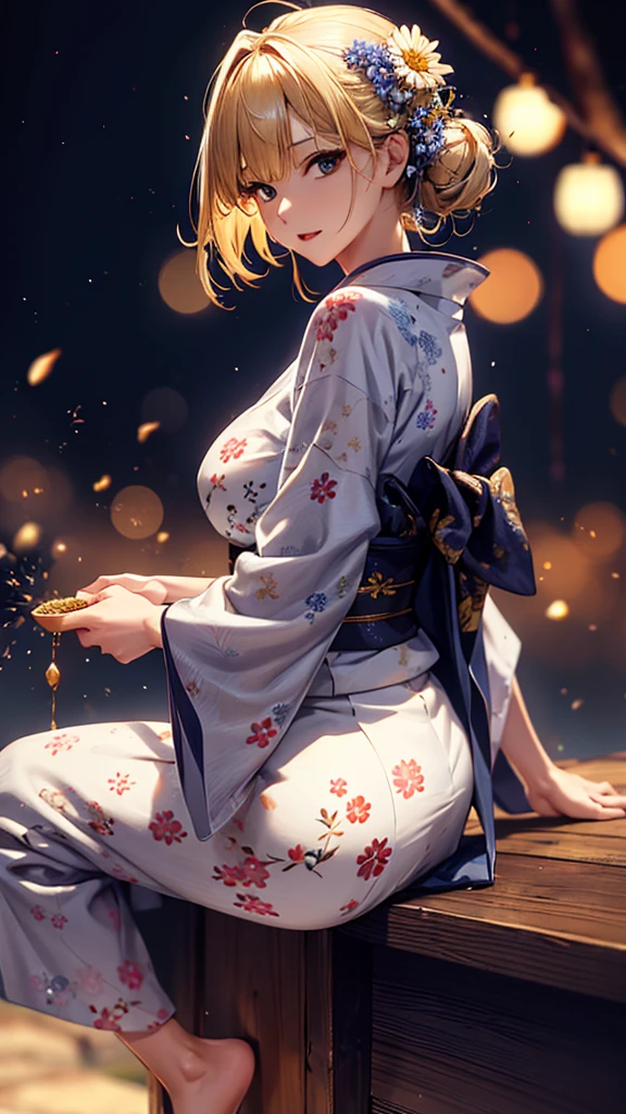 masterpiece, high quality, 4K, Beautiful design, silhouette,blonde, 非常に詳細な夜のStarry Sky,Flower Field, wonderful, Finer details, Very knowledgeable woman, Highly detailed solo, 1 female,Big Breasts,Food stalls,Butt Emphasis,Yukata in white color,Night view,Starry Sky,How to sit,firework,