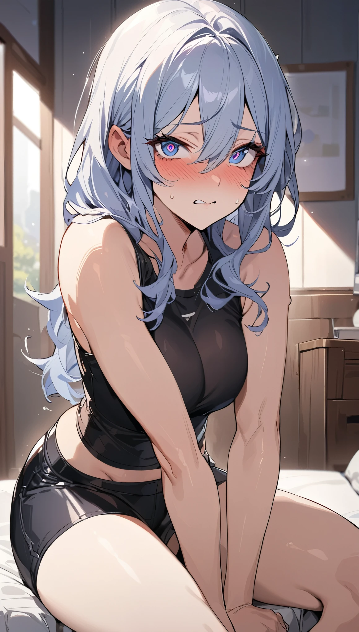 masterpiece, High resolution, perfect face, Korean beauty, 30 years old, beautiful face, in a room, tight sleeveless male under shirt , tight trunks shorts , embarrassed scared look, look at the camera, (top quality eyes), detailed texture, look at me, Married woman, cool women, ((high resolution eyes)), little curvy, sitting, hentai, male clothes, tomboy