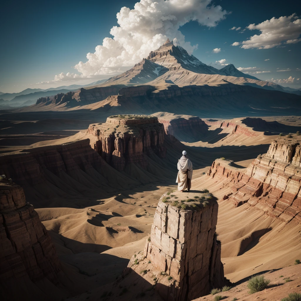 1 man standing on top of a mountain, massive crowd of people wearing sackcloth on a barren, arid mountain peak, (best quality,8k,hyper-detailed,masterpiece:1.2),extremely detailed,(photorealistic,photo-realistic:1.37),dramatic lighting, golden hour lighting, cinematic angle from above, biblical landscape, dramatic clouds in the sky, serene and inspiring atmosphere, epic scale, religious/spiritual theme, old testament biblical story, the story of jonah and the people of nineveh