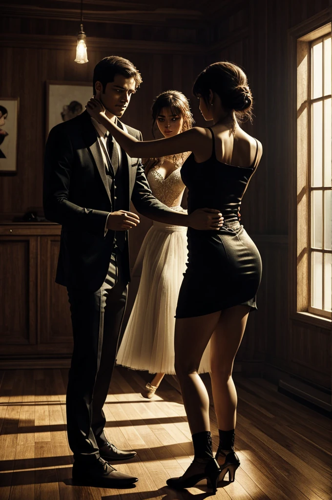 a 2D melancholic art about a sad man watching his girl dancing with another man