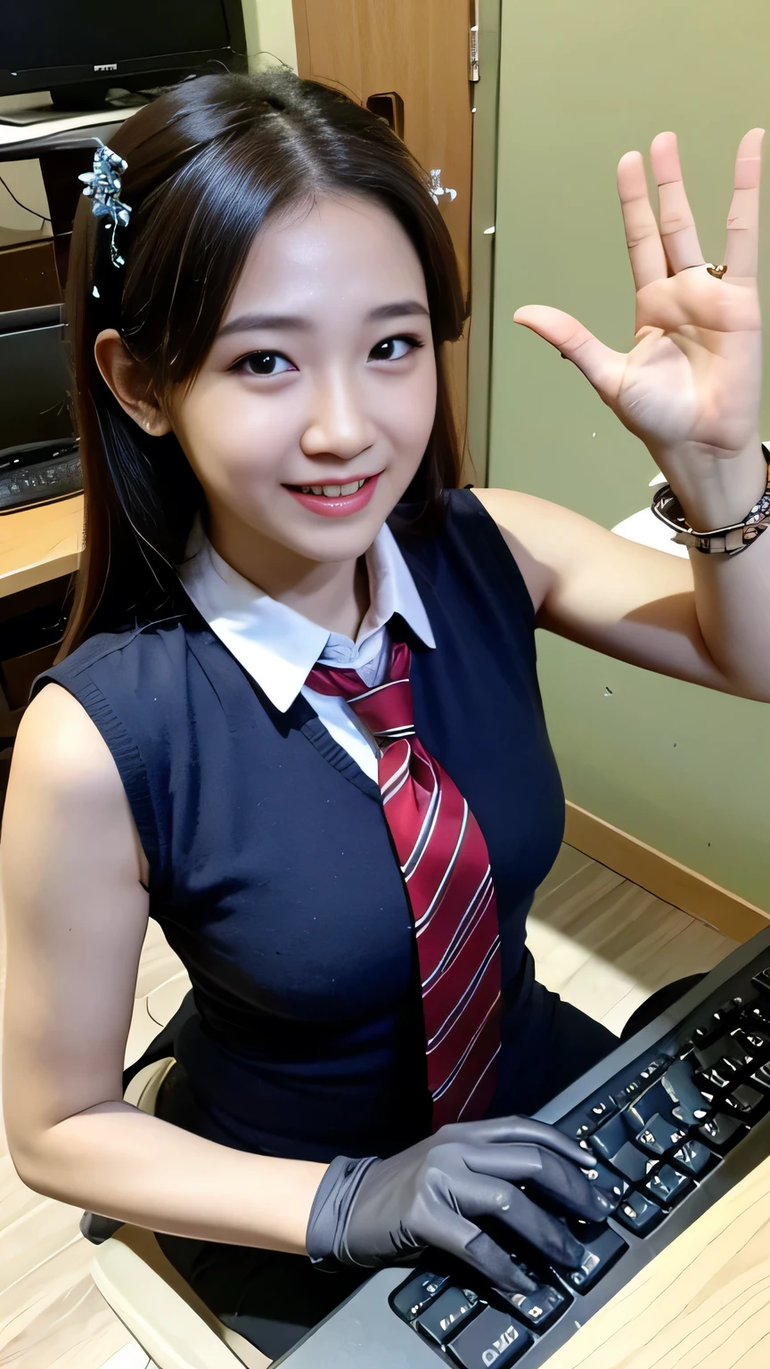 masterpiece, best quality, twitch-chan, hairclip, hair ornament, collared shirt, sleeveless, necktie, gloves, sitting behind a desk, looking at viewer, smile, waving, bedroom, bed, computer mouse, keyboard