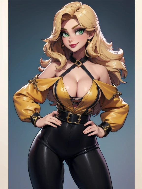 3D cinematic film.(caricature:0.2). masterpiece, best high quality, ultra details, ((top quality)), ((masterpiece)) (detailed), cinematic lighting, complex, high detail, sharp focus, 36 year old woman, standing at approximately 5'1" tall, tan-olive skin, long blonde hair, green eyes, mascara, red lipstick, closed lips, closed mouth, slim physique, medium breasts, slim waist, thin waist, soft waist, curvy, curved thighs, thick, wide buttocks, big thighs, cleavage, (Wearing: shiny black leggings and yellow off-shoulder top, golden bracelets), hands on hips, wide smile, smug look on face, looking at viewer
