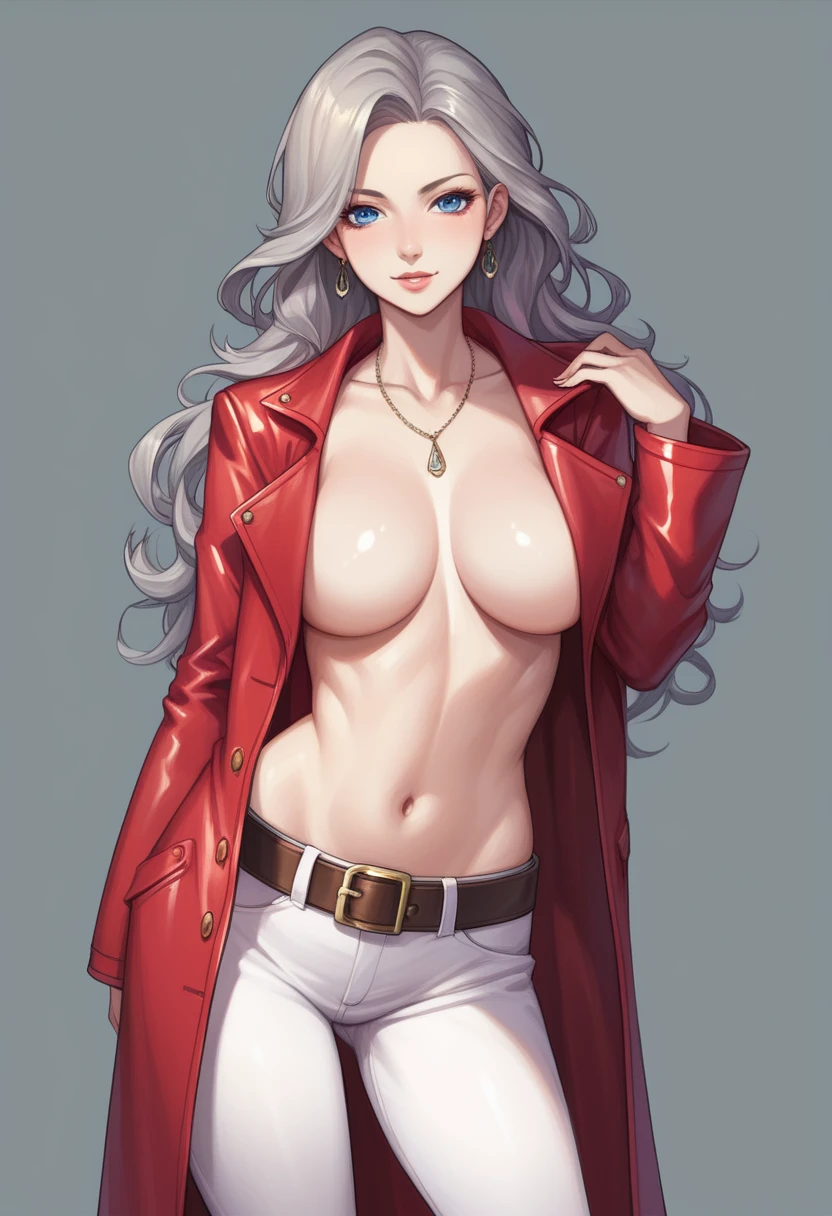 (Mature Woman1name), (Gray Hair, Long Hair:1.3), Blue colored eyes, (Medium chest),Cleavage, (red leather long coat),open shirt ,The shirt is unbuttoned,belt, pants, belly button,masterpiece, high quality,