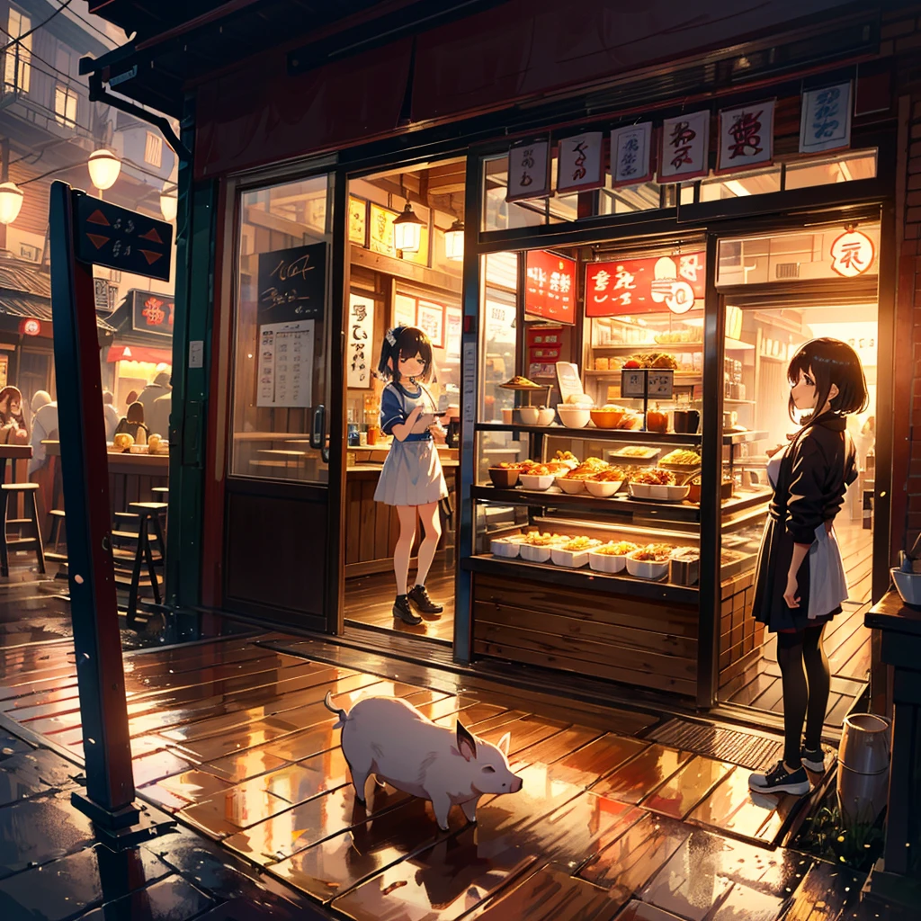 {{{Masterpiece, highest quality, high resolution background}}}, bright and beautiful atmosphere, 3 girls (2 years old, 1 short-tempered round face), 1 (hair, surface effects), small breasts, ramen shop Girls lining up outside, a very long line, summer clothes, a limp mini-pig, a mini-pig dressed as a ramen shop, "deltamon_sdXL :0.73) >Deltamon"