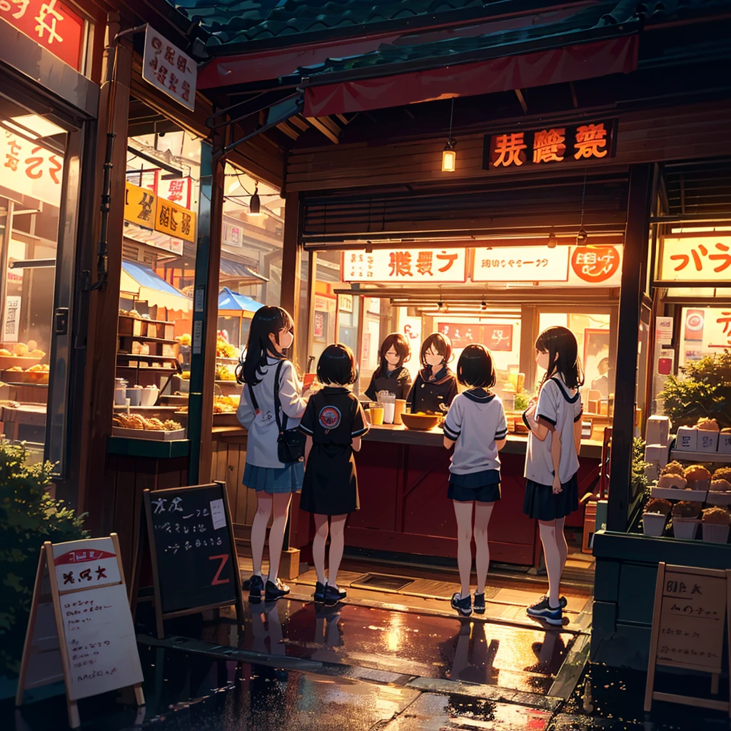 {{{Masterpiece, highest quality, high resolution background}}}, bright and beautiful atmosphere, 3 girls (2 years old, 1 short-tempered round face), 1 (hair, surface effects), small breasts, ramen shop Girls lining up outside, a very long line, summer clothes, a limp mini-pig, a mini-pig dressed as a ramen shop, "deltamon_sdXL :0.73) >Deltamon"