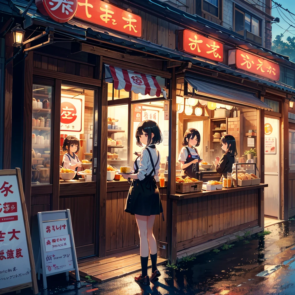 {{{Masterpiece, highest quality, high resolution background}}}, bright and beautiful atmosphere, 3 girls (2 , 1 short-tempered round face), 1 (hair, surface effects), small breasts, ramen shop Girls lining up outside, a very long line, summer clothes, a limp mini-pig, a mini-pig dressed as a ramen shop, "deltamon_sdXL :0.73) >Deltamon"