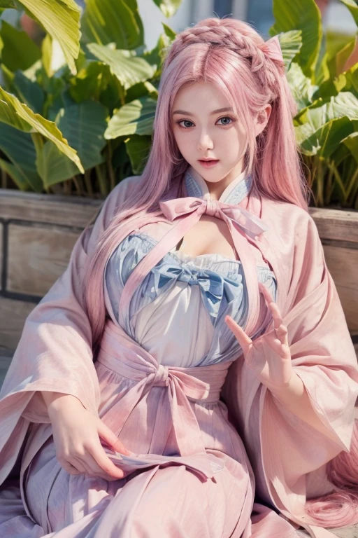 (finely detailed beautiful eyes and detailed face,masterpiece sidelighting,masterpiece,best quality,detailed,high resolution illustration),, (1girl,whole body,bishoujo,lustrous skin,looking down,looking at viewer),, (pink hair,blue eyes,ribbon,hanbok, korean clothes), (clothed_underbust:1.2),underboob,