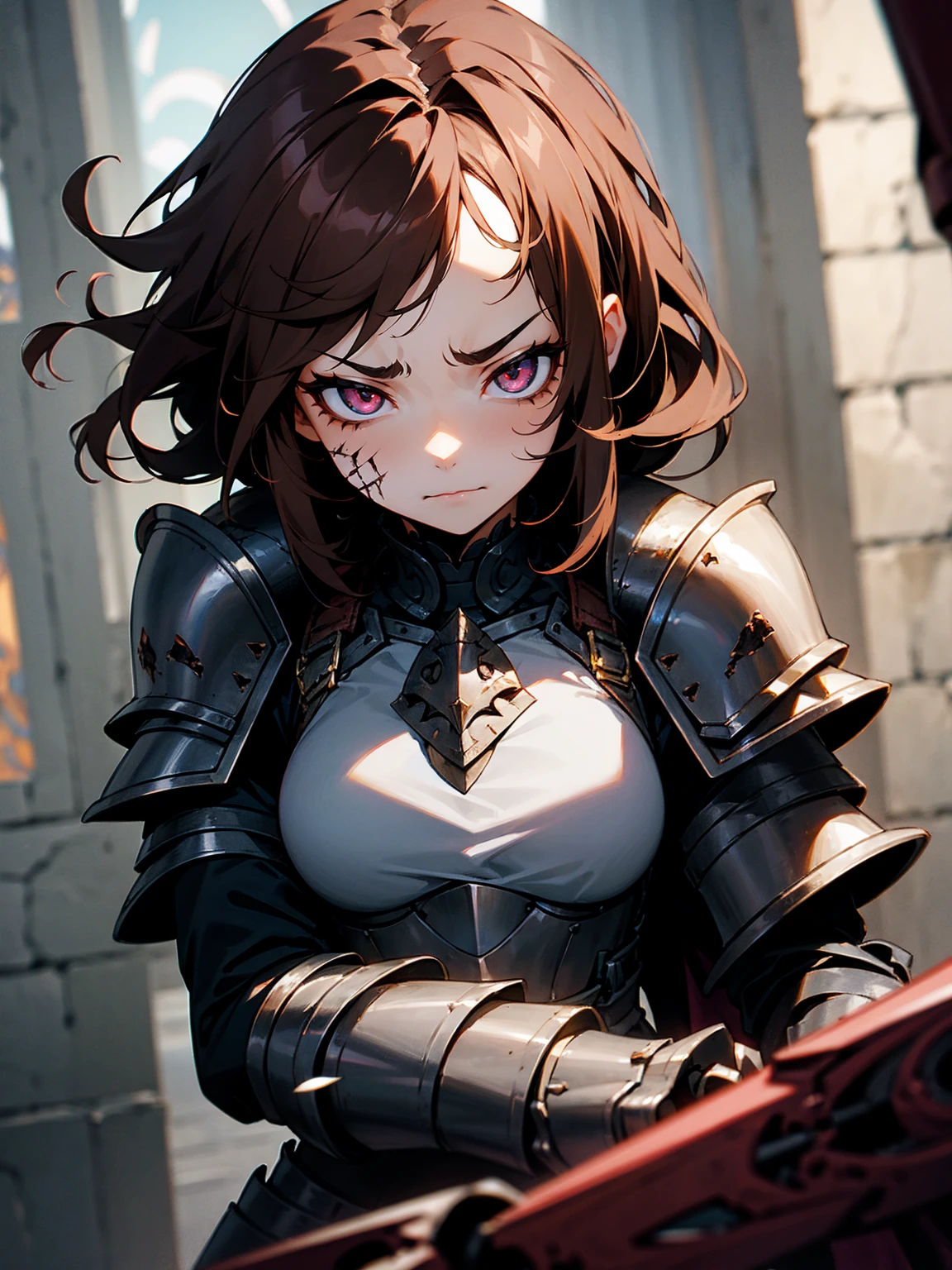 1female, brown hair, messy hair, stitches on arm, stitches on face, black sclera, black gauntlets, armor, evil expression, armored hall