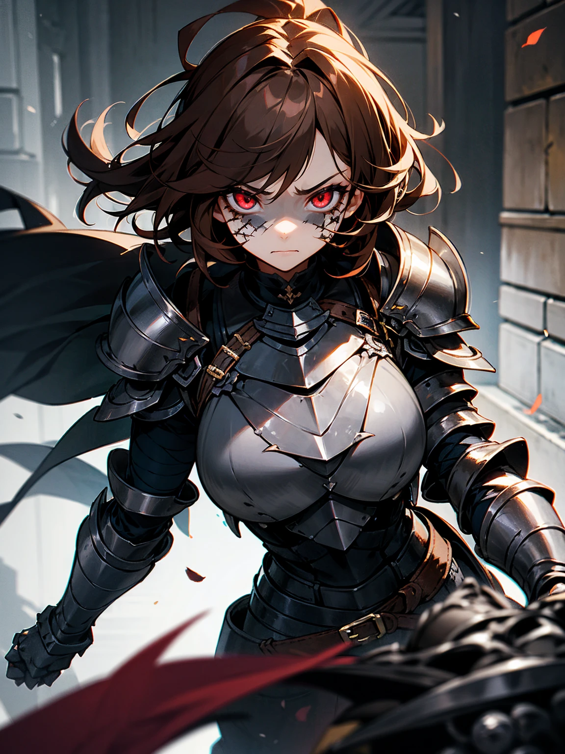 1female, brown hair, messy hair, stitches on arm, stitches on face, black sclera, black gauntlets, armor, evil expression, armored hall
