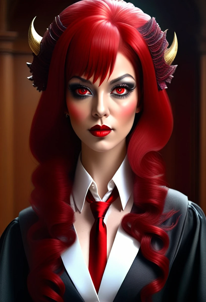 a picture of a female devil wearing barrister's wig and cloak in courtroom, a devilishly beautiful devil, ((anatomically correct: 1.5), (ultra detailed face: 1.2), best detailed face, (red skin: 1.3), two black horns, wearing white button shirt, red tie, English barrister's wig, courtroom background, vibrant, Hyperrealism style, vibrant, Ultra-high resolution, High Contrast, (masterpiece:1.5), highest quality, Best aesthetics), best details, best quality, highres, ultra wide angle, 16k, [ultra detailed], masterpiece, best quality, (extremely detailed) RAW, photograph, Hyperrealism style, demonmawAI