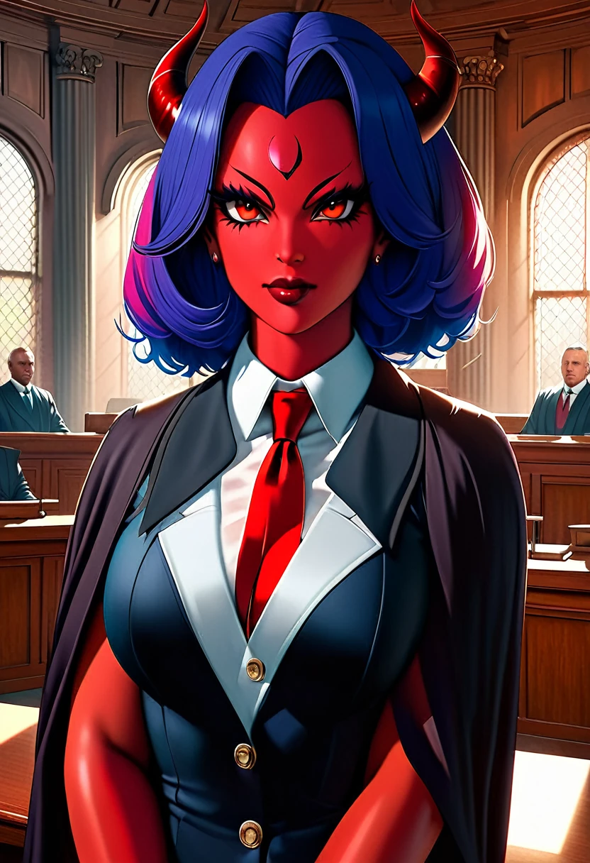 a picture of a female devil wearing barrister's wig and cloak in courtroom, a devilishly beautiful devil, ((full body shot: 1.5)), ((anatomically correct: 1.5), (ultra detailed face: 1.2), best detailed face, (red skin: 1.3), two black horns, wearing white button shirt, red tie, English barrister's wig, courtroom background, vibrant, Hyperrealism style, vibrant, Ultra-high resolution, High Contrast, (masterpiece:1.5), highest quality, Best aesthetics), best details, best quality, highres, ultra wide angle, 16k, [ultra detailed], masterpiece, best quality, (extremely detailed) RAW, photograph, Hyperrealism style, demonmawAI