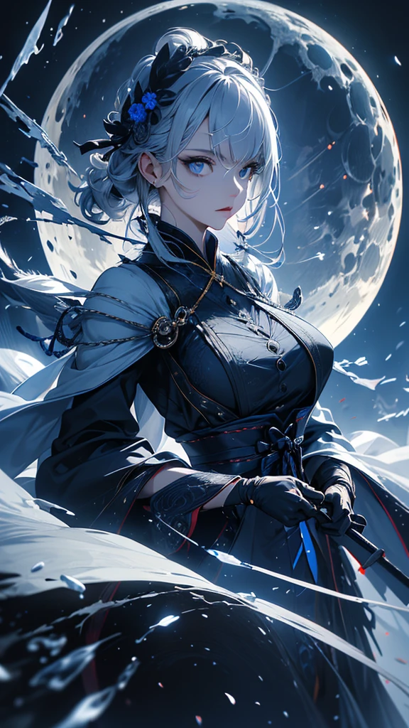 masterpiece, high quality, 4K, Beautiful design, silhouette，Gray Hair， 非常に詳細な夜のStarry Sky,Ice World， wonderful, Finer details,  Very knowledgeable woman, Highly detailed solo, 1 female,blue eyes，Big Breasts，Gothic Lolita Fashion，Night view，Starry Sky，Blue Full Moon，