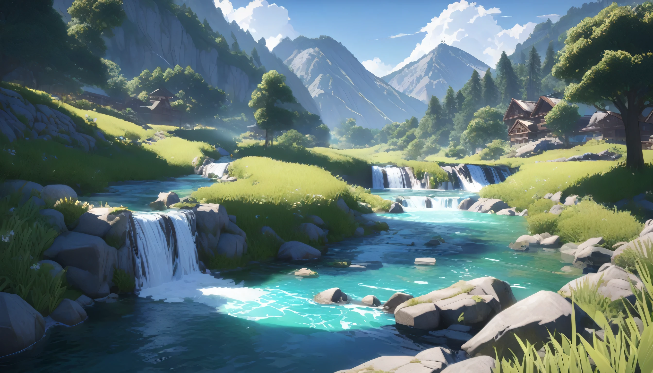 ultra-detailed, (professional lighting) hyper detailed, absurdres, 8k, noon, summer, A stream flowing through the mountains