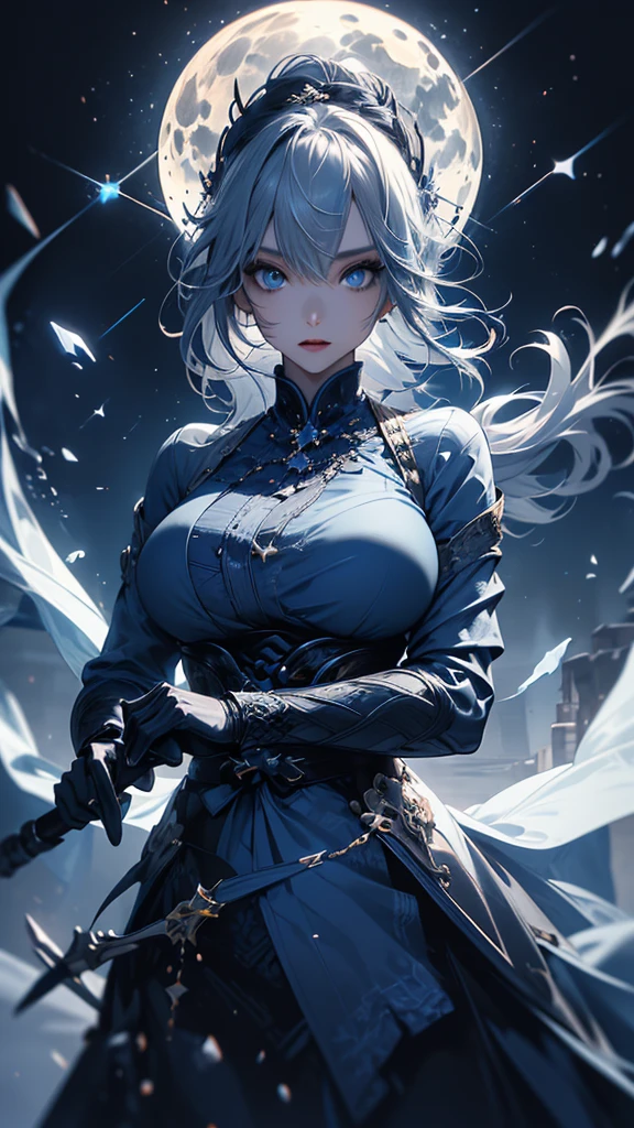 masterpiece, high quality, 4K, Beautiful design, silhouette,Gray Hair, 非常に詳細な夜のStarry Sky,Ice World, wonderful, Finer details, Very knowledgeable woman, Highly detailed solo, 1 female,blue eyes,Big Breasts,Gothic Lolita Fashion,Night view,Starry Sky,Blue Full Moon,