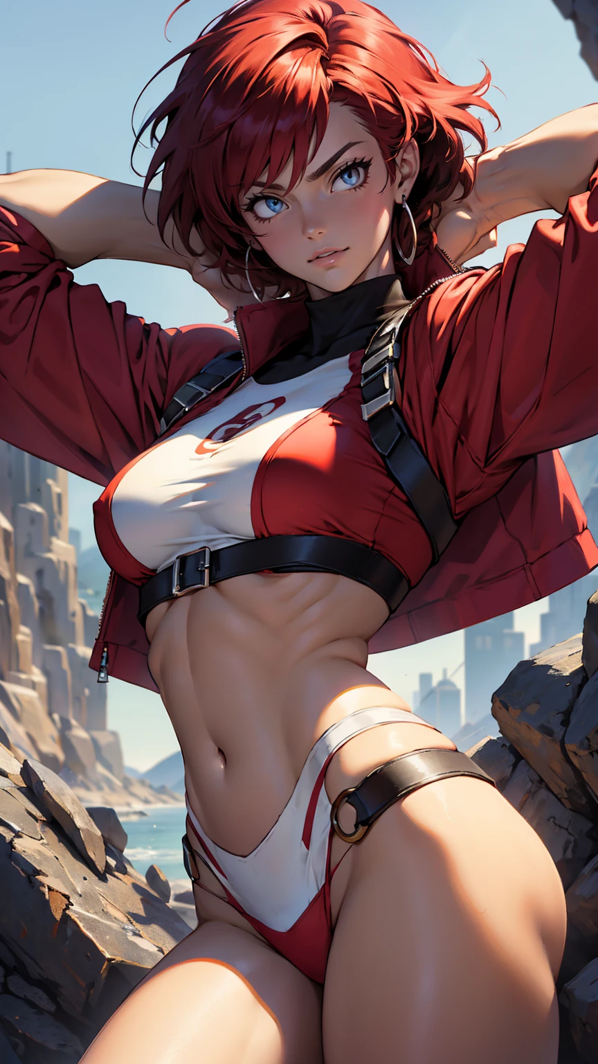 ((masterpiece, best quality; 1.3)), super quality, beautiful details, very detailed, ultrafine, 16,000, exquisite, abdominal muscleurd, high resolution, beautiful background, detailed background, beautiful eyes, beautiful skin, animation style, (Dirty pair&#39;Kay is riding down the highway on her red Harley..), Dirty pair&#39;Kay is wearing a white high-waisted outfit., split, Bushy redhead beauty, fluttering hair, white uniform, wear tight clothes, skimpy, (center of chest:1.2), Covered Huge Nipples, (muscular body: 1.2), abdominal muscle, Six-pack, oblique muscle, muscular biceps, hamstring, slim waist, thin thighs, thigh gap, show me your boat, thin, thin hips, cyberpunk city background, green hairband, emerald green hairband