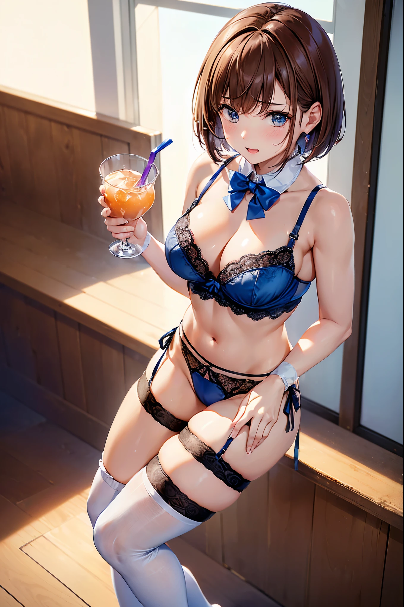 (((masterpiece, Highest quality, High resolution, 超High resolution, Perfect Pixel, Depth of written boundary, 4K, RTTX 10.0))), Beautiful Anime Woman, Beautiful art style, Anime characters, ((Smooth texture, Realistic texture, Anime CG Style)), Perfect and accurate finger count、Exact number of legs、(Exact number of arms:1.0, Exact number of hands:1.0), (Perfect hands, Perfect Anatomy), Cinematic, Realistic, Extremely detailed CG, Daytime lighting, Perfect lighting, Best Shadow, The best natural light, whole body, Perfect body, バランのとれたPerfect body, Perfectly balanced style, Slender body, ((bangs, Reddish brown hair, Bobcut)), ((A cute adult woman is carrying a drink in her hands:1.8)), ((Bow tie around neck:1.3), (Sexy and cute blue underwear:1.3), (Stylish shiny blue satin panties, Side-tie panties, Panties with plain blue center and lace decoration on the sides:1.3), (Thin panties:1.3), (Blue micro lace satin bra, Blue bra with lace trim around the edges, Thin bra:1.3), (lace garter belt, Garter Strings, Knee socks:1.3), (Maid's Frill Headband 1.3):1.3), (Beautiful big , Cleavage:1.1), (Embarrassed expression:1.7), blush, (Stylish restaurant, Many visitors in the background, Inside the crowded store, Tables and chairs, Tables and chairsに座っているたくさんの男性, The man in the background is getting a blowjob from the waitress, A man in the background is having sex with a waitress in the face-to-face cowgirl position:1.7), naked, In underwear, パンティとブラとガーターベルトとKnee socksだけ, Angle from the front