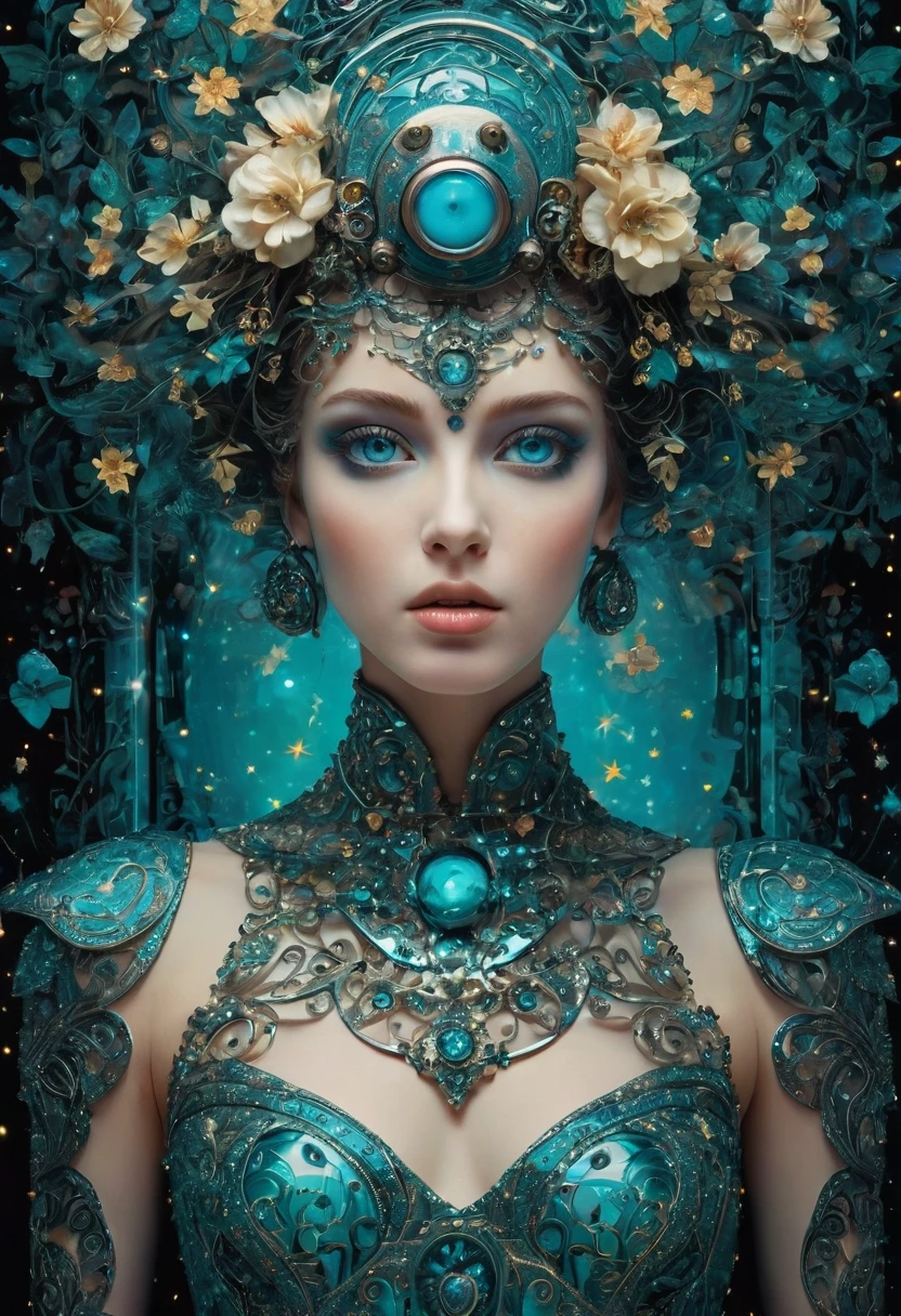 Create an image where the treetops are decorated with twinkling lights, merging nature with a magical starry atmosphere. (Little funny robot, porcelain face and head, big turquoise eyes) perfect eyes double exposure, floral fantasy, dark sci-fi. Gothic biomechanical essence in art deco style,
Her punkish, tattooed, voodoo-like figure is partially hidden in a swirling dress of obsidian silk printed with delicate filigree floral patterns that echo the inimitable style of Gustav Klimt. Finding yourself in an environment of reflective holographic mirror panels,
which split the space around her into a scattering of angular contrasts, a background of shadows on a bright background